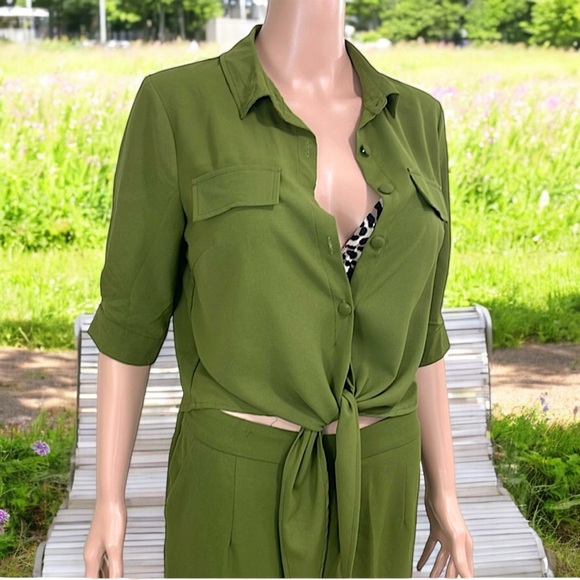 La Diosa Olive Green Tie Front Cropped Top 2-Piece Pant Set - Picture 7 of 16
